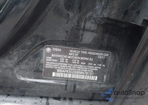 2011 BMW 328I xDrive из США, поврежденный, VIN WBAPK5G56BNN79151